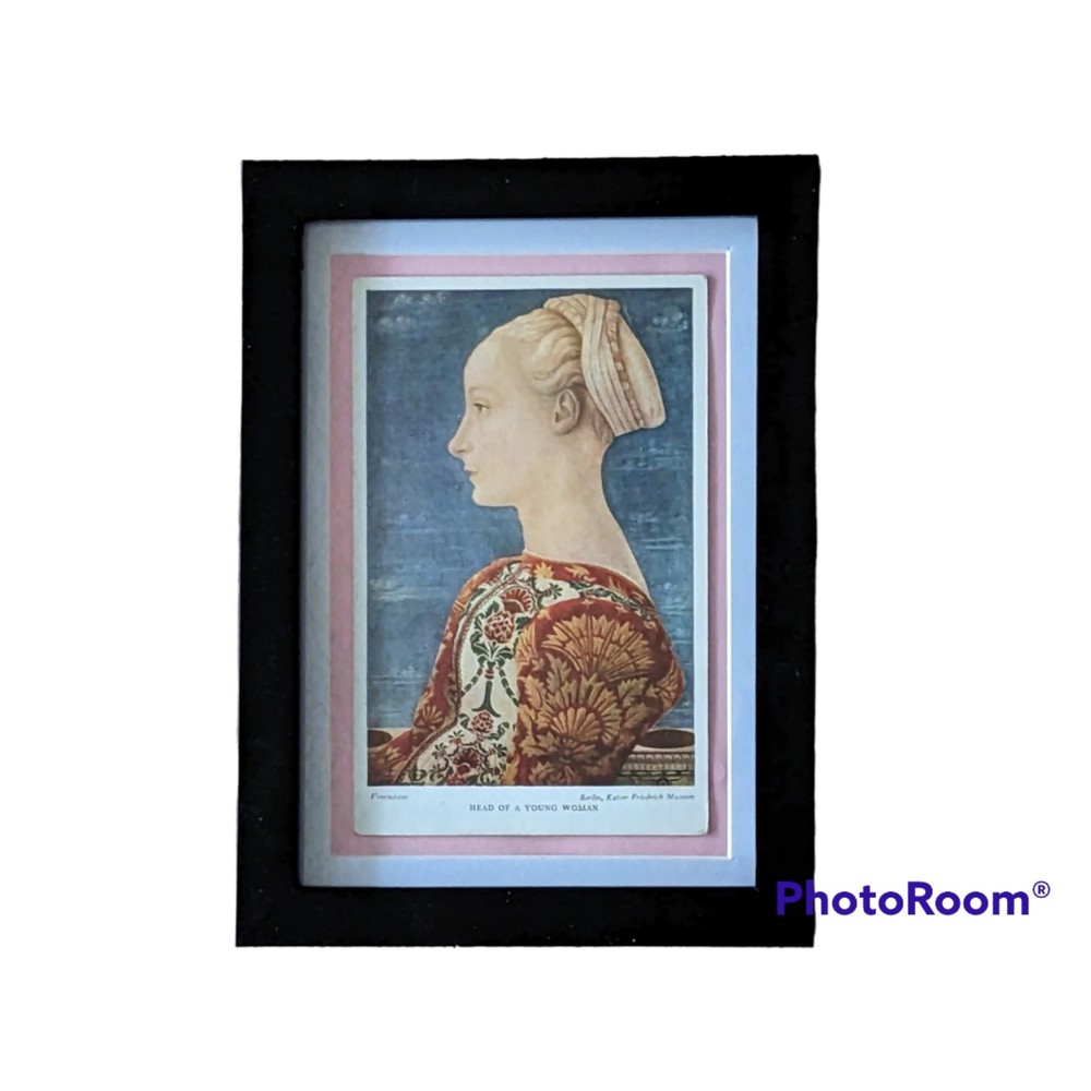 Small Art Head of a Young Woman Vintage Post Card Framed & Matted Dress Hat 1920